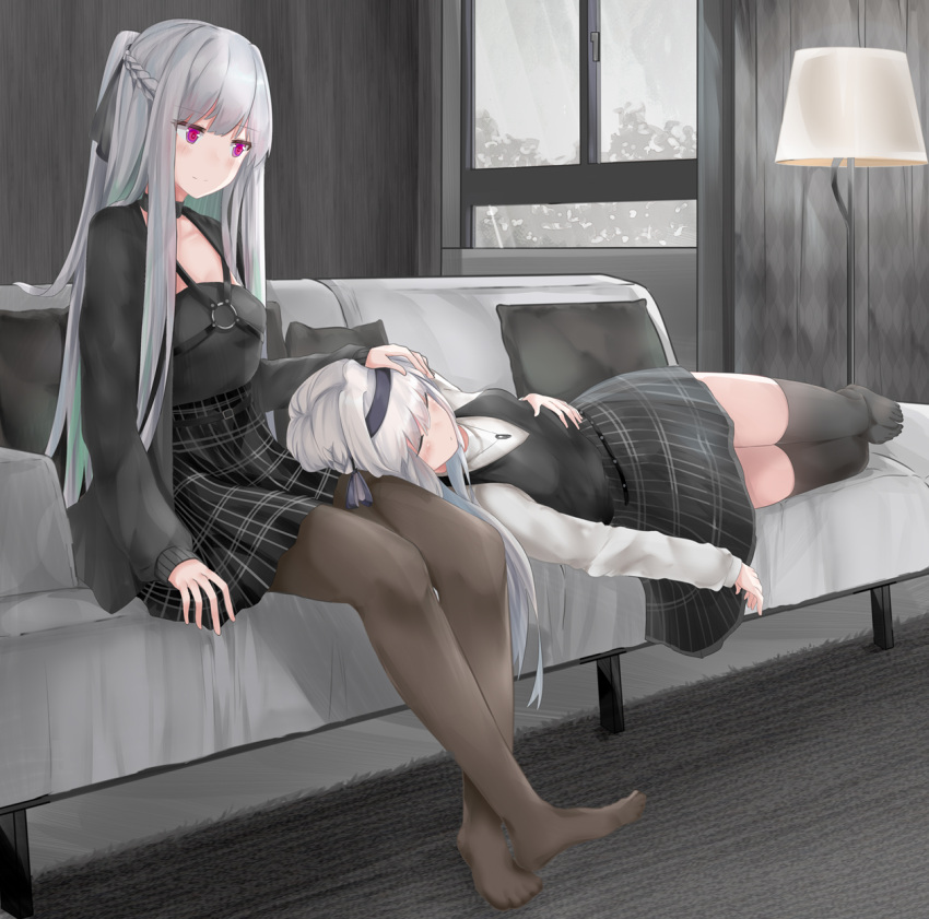 2girls ak-12_(girls_frontline) an-94_(girls_frontline) bangs blonde_hair blush braid breasts cardigan casual closed_eyes closed_mouth couch eyebrows_visible_through_hair feet french_braid girls_frontline hairband hand_on_own_chest highres indoors jewelry lampshade lap_pillow long_hair long_sleeves lying multiple_girls on_couch pendant pillow rain ru_zhai shirt sidelocks silver_hair skirt sleeping smile very_long_hair vest violet_eyes window