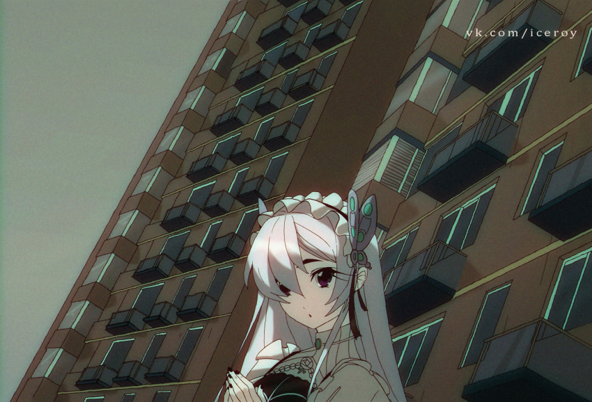 1girl :o balcony black_nails building chaika_trabant circle collar covered_eyes fingers hands_together highres hitsugi_no_chaika house iceroy lace long_hair looking_at_viewer maid nail_polish open_mouth princess silver_hair simple_background solo standing violet_eyes white_hair white_skin window