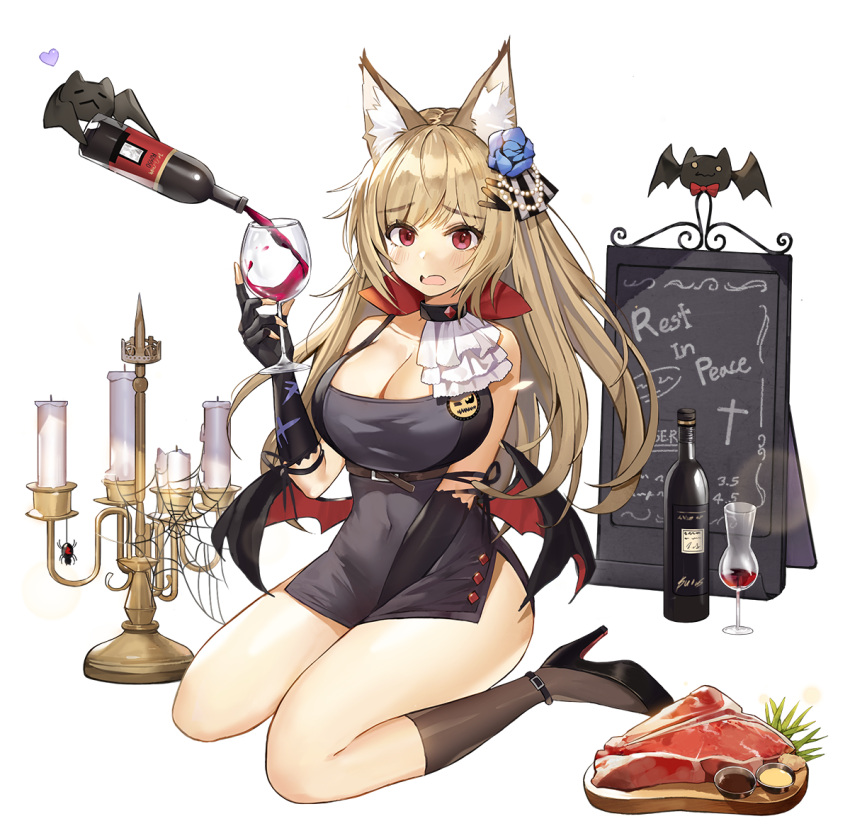 1girl :o alcohol animal animal_ear_fluff animal_ears bare_shoulders bat beads belt black_dress black_footwear black_gloves blue_flower blush bottle bow bowtie breasts brown_hair brown_legwear bug candle candlestand choker cleavage collarbone covered_navel cup demon_wings dress drinking_glass eto_(nistavilo2) fang fingerless_gloves flower food full_body gloves hair_flower hair_ornament heart high_heels holding holding_cup kneehighs large_breasts long_hair looking_at_viewer meat open_mouth original pouring red_eyes side_slit sign silk sitting solo spider spider_web thighs wariza white_background wine wine_bottle wine_glass wings