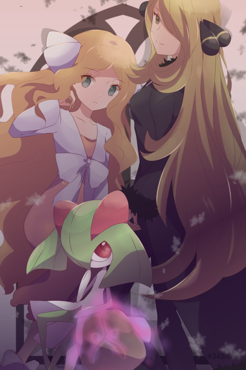 2girls 343rone absurdres black_coat blonde_hair caitlin_(pokemon) closed_mouth coat collarbone commentary_request cynthia_(pokemon) eyebrows_visible_through_hair eyelashes fur-trimmed_coat fur_trim green_eyes grey_eyes hair_ornament hair_over_one_eye hair_ribbon hand_up highres kirlia long_hair long_sleeves looking_at_viewer multiple_girls pokemon pokemon_(creature) pokemon_(game) pokemon_dppt ribbon smile spiritomb split_mouth wavy_hair white_ribbon