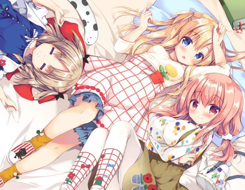 3girls =_= arm_up bangs bed_sheet blonde_hair blue_dress blue_eyes blush book bookmark breasts brown_hair brown_skirt closed_eyes closed_mouth commentary_request dress drooling eyebrows_visible_through_hair hair_between_eyes hand_up jacket large_breasts long_hair long_sleeves looking_at_viewer lying medium_breasts multiple_girls on_back on_side open_clothes open_jacket open_mouth orange_legwear original pantyhose pillow purinko red_eyes shirt skirt slippers small_breasts smile socks suspender_skirt suspenders very_long_hair white_dress white_footwear white_jacket white_legwear white_shirt