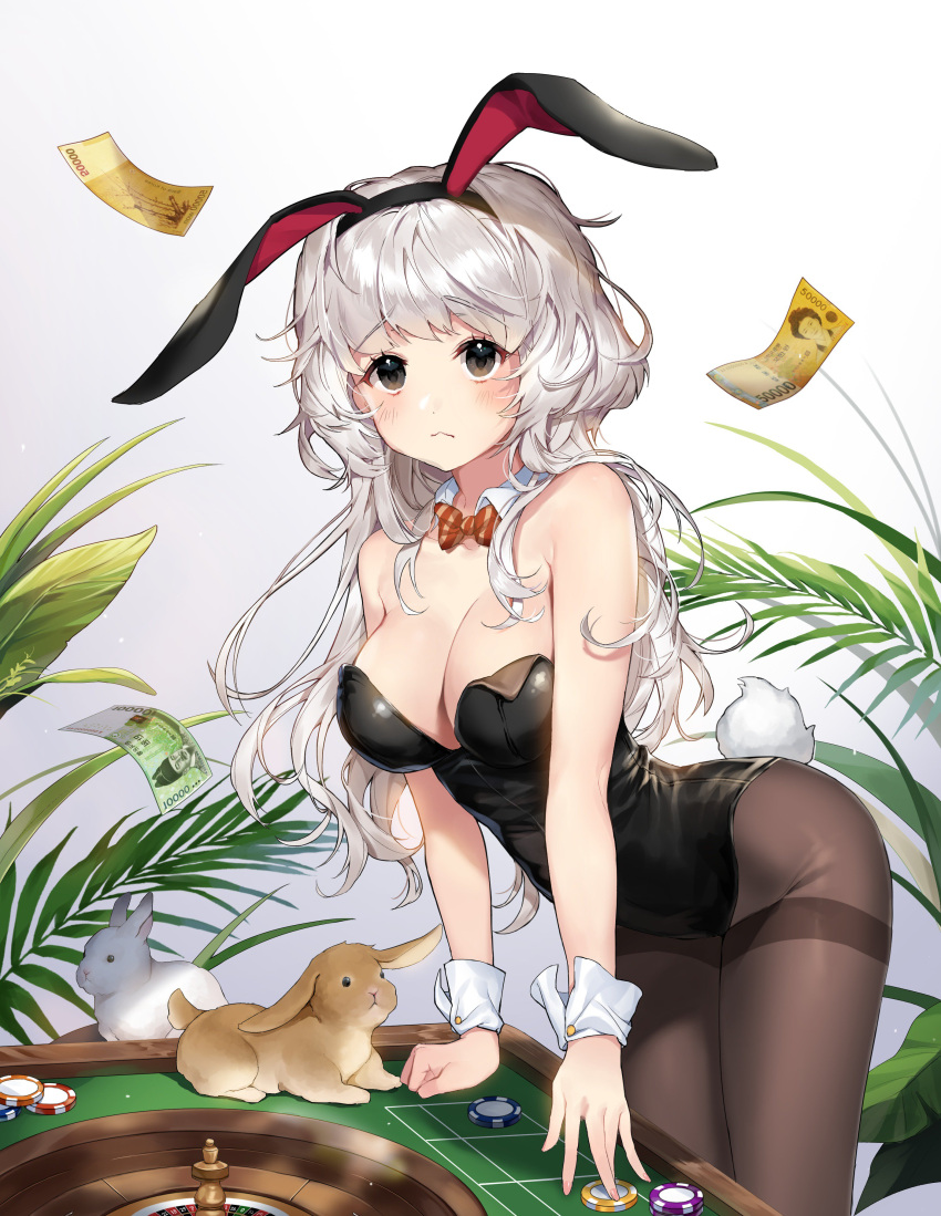 1girl absurdres animal animal_ears bare_arms bare_shoulders black_eyes black_leotard blush breasts brown_legwear bunny_girl bunny_tail bunnysuit cleavage closed_mouth detached_collar fake_animal_ears frown hairband highres large_breasts leaning_forward leotard long_hair looking_at_viewer money original pantyhose plant poker_chip puckjjick_(belbesi19) rabbit rabbit_ears silver_hair solo standing tail thighband_pantyhose wrist_cuffs