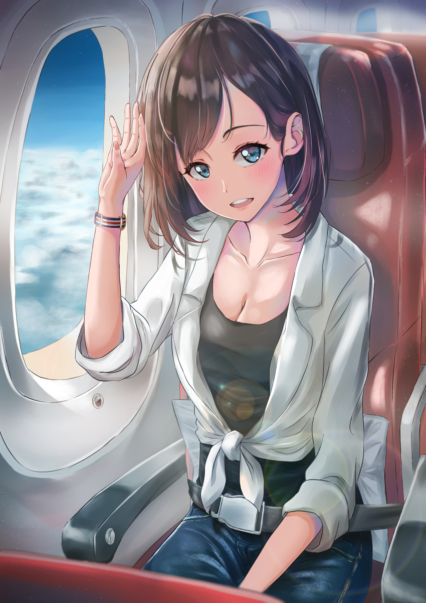 1girl :d absurdres black_shirt blue_eyes blue_pants breasts brown_hair cleavage collarbone highres lens_flare looking_at_viewer medium_breasts open_mouth original pants plane_interior safety_belt shiny shiny_hair shirt short_hair sitting smile solo striped tied_shirt timo_wei95 watch watch white_shirt