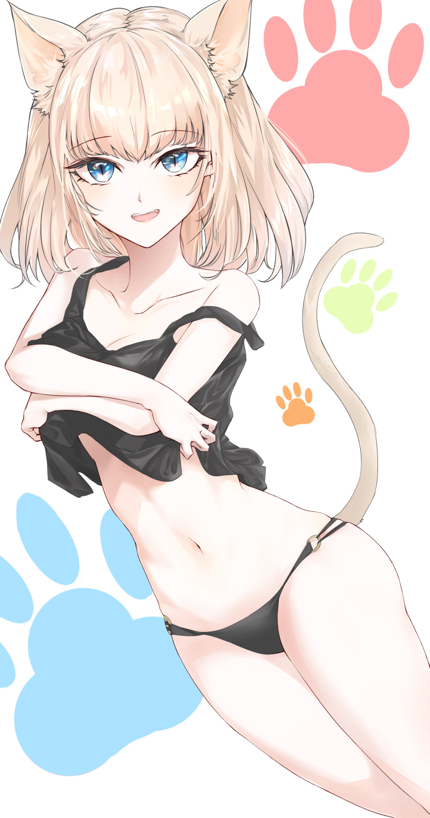 1girl :d absurdres alternate_hair_length alternate_hairstyle animal_ears bikini black_bikini_bottom black_tank_top blonde_hair blue_eyes breasts cat_ears cat_tail cleavage collarbone commentary highres katou_asuka kemonomimi_mode lifted_by_self matsunaga777 medium_hair multi-strapped_bikini navel o-ring o-ring_bottom open_mouth paw_background slit_pupils smile solo swimsuit tail tank_top tank_top_lift tankini teeth watashi_ga_motenai_no_wa_dou_kangaetemo_omaera_ga_warui! white_background