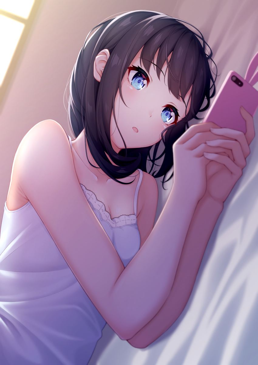 1girl absurdres bangs bare_shoulders black_hair blue_eyes blush breasts camisole cellphone cleavage collarbone dutch_angle eyebrows_visible_through_hair highres holding holding_phone indoors long_hair looking_at_phone loungewear ochiai_miyabi on_bed open_mouth original phone small_breasts smartphone solo window