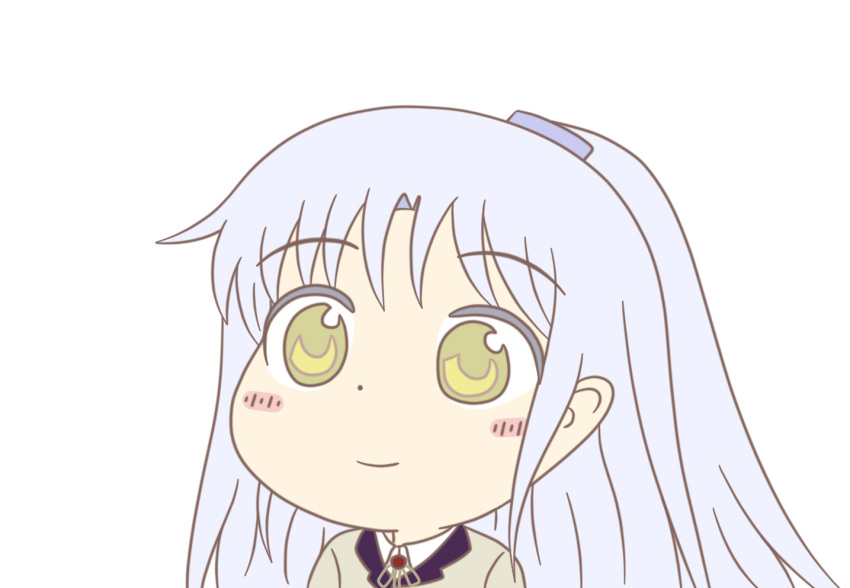 1girl angel_beats! bangs blush commentary commentary_request cowlick ears eyebrows_visible_through_hair from_side gyate_gyate hair_ornament hairclip jacket key_(company) long_hair looking_to_the_side neck_ribbon open_eyes ribbon school_uniform shirt silver_hair simple_background smile solo taeminhyeon tachibana_kanade upper_body white_background white_shirt yellow_eyes