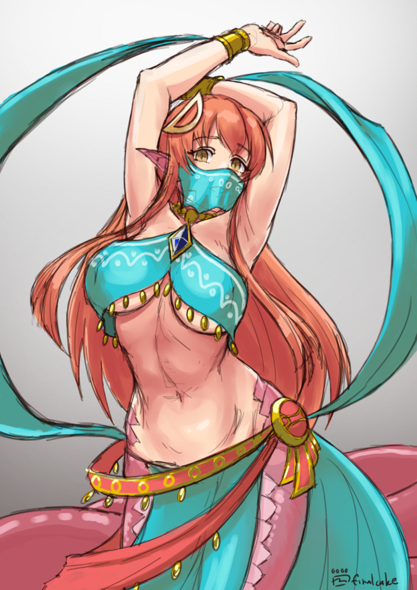 1girl arabian_clothes arms_up artist_name bandeau bracelet breasts cleavage commentary commission cosplay curvy dancer english_commentary eyebrows_visible_through_hair finalcake gerudo gerudo_link gerudo_link_(cosplay) grey_background hair_between_eyes hair_ornament hairclip halterneck highres jewelry lamia large_breasts long_hair looking_at_viewer midriff miia_(monster_musume) monster_girl monster_musume_no_iru_nichijou navel necklace nintendo parted_lips pelvic_curtain pointy_ears redhead scales simple_background sketch slit_pupils solo tail the_legend_of_zelda the_legend_of_zelda:_breath_of_the_wild veil very_long_hair yellow_eyes