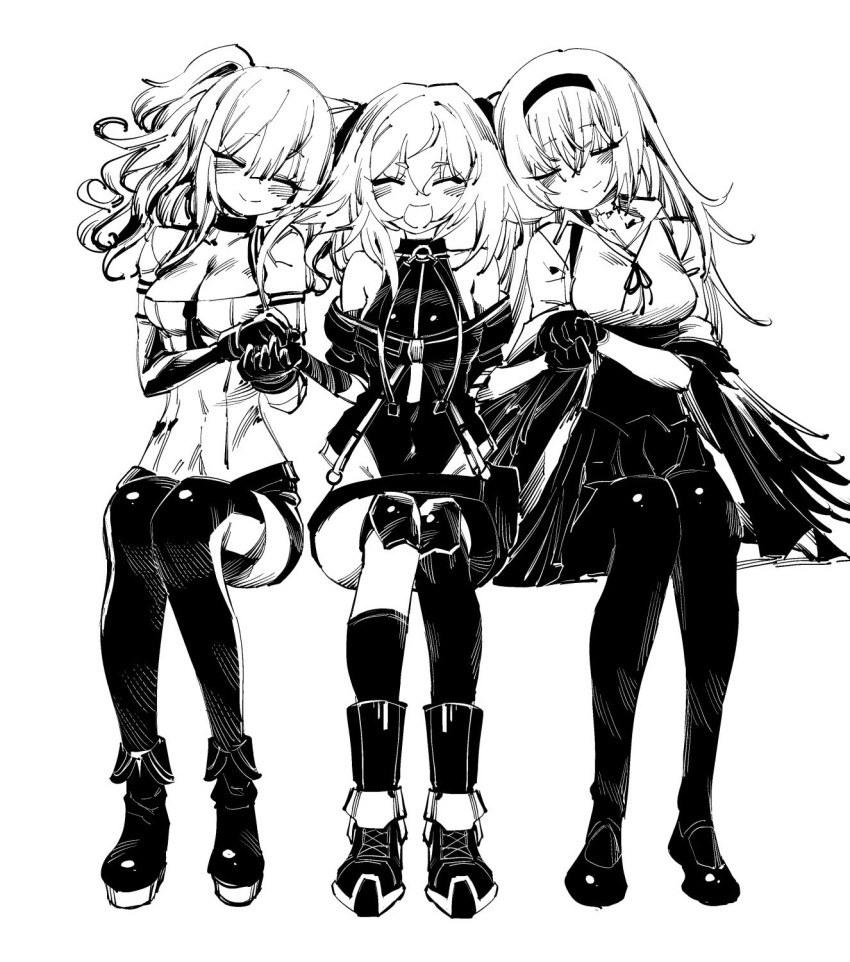 3girls boots closed_eyes commentary_request girl_sandwich girls_frontline gitoshinp hand_holding headband highres korean_commentary m950a_(girls_frontline) monochrome multiple_girls pa-15_(girls_frontline) pantyhose sandwiched smile thunder_(girls_frontline) twintails