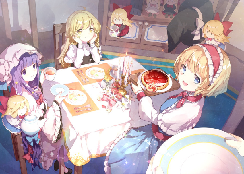 6+girls ahoge alice_margatroid apron ascot bangs black_headwear blonde_hair blue_dress blue_eyes blush bow bowtie candle capelet chair closed_mouth commentary cowboy_shot cup dress flower flower_request food fork frilled_ascot frilled_dress frilled_sleeves frills hair_bow hair_ornament hair_ribbon hairband hat hat_removed headwear_removed hourai_doll indoors kirisame_marisa lily_(flower) lolita_hairband long_hair long_sleeves looking_at_another mob_cap multiple_girls open_mouth out_of_frame patchouli_knowledge plate purple_hair red_bow red_dress ribbon risui_(suzu_rks) shanghai_doll short_hair sitting smile spoon star star_hair_ornament striped table tart_(food) tea teacup teapot touhou very_long_hair violet_eyes wide_sleeves witch_hat yellow_eyes