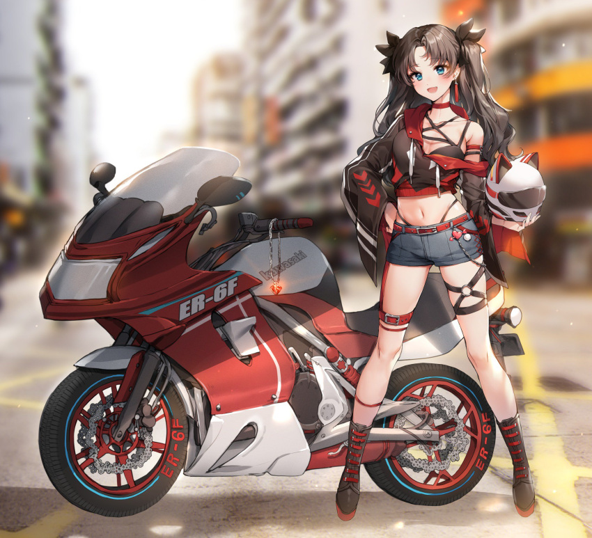 1girl arm_strap bangs bare_shoulders belt black_hair black_panties black_ribbon blue_eyes blue_short blurry blurry_background blush boot_straps breasts brown_footwear brown_hair cat_helmet cityscape cropped_jacket dya earrings eyebrows_visible_through_hair fate/stay_night fate_(series) full_body ground_vehicle hair_ribbon hand_on_hip headwear_removed helmet helmet_removed highleg highleg_panties highres holding holding_helmet jewelry long_hair long_sleeves looking_at_viewer medium_breasts midriff motor_vehicle motorcycle navel o-ring off_shoulder open_mouth outdoors panties parted_bangs pillo ribbon short_shorts shorts skindentation smile solo standing stomach thigh_strap tohsaka_rin two_side_up underwear wide_sleeves
