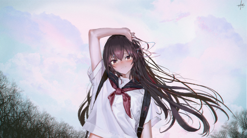 1girl arm_up backpack bag black_sailor_collar blush brown_eyes brown_hair clouds cloudy_sky long_hair looking_at_viewer neckerchief original red_neckwear sailor_collar shirt short_sleeves sky smile solo tifg39 tree upper_body white_shirt