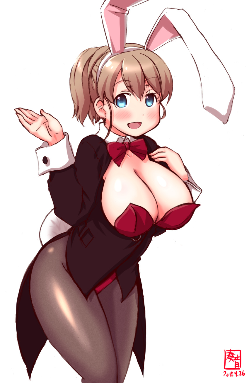 1girl absurdres alternate_costume animal_ears artist_logo black_jacket blue_eyes blush bow bowtie breasts brown_hair brown_legwear bunny_girl bunnysuit cleavage covered_navel cowboy_shot dated detached_collar fake_animal_ears hair_between_eyes hand_on_own_chest highres intrepid_(kantai_collection) jacket kanon_(kurogane_knights) kantai_collection large_breasts leotard looking_at_viewer open_clothes open_jacket pantyhose pocket ponytail rabbit_ears red_leotard short_hair signature simple_background solo strapless strapless_leotard tailcoat white_background wrist_cuffs