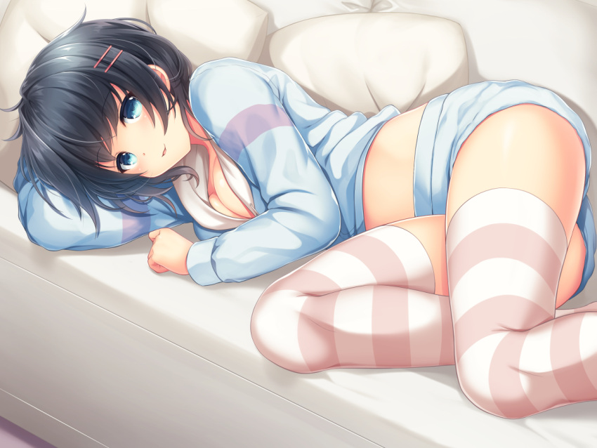 1girl arm_up bangs black_hair blue_eyes blue_jacket blue_shorts blush breasts cleavage commentary_request couch drawstring eyebrows_visible_through_hair hair_ornament hairclip jacket long_sleeves looking_at_viewer loungewear lying medium_breasts nametakenoko on_couch on_side original parted_lips pillow short_shorts shorts smile solo striped striped_legwear thigh-highs