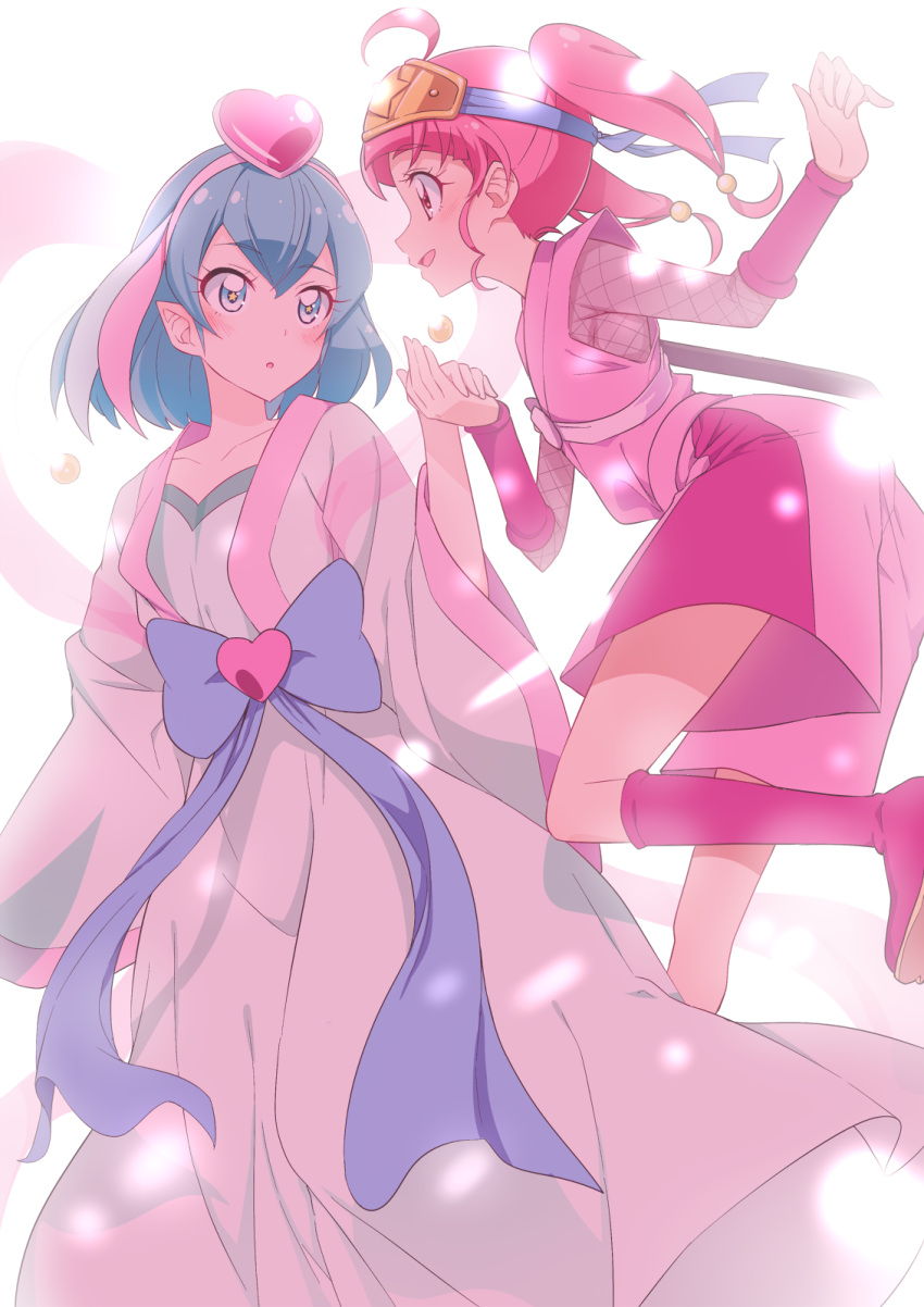 2girls :o ahoge blue_eyes blue_hair commentary_request dress eye_contact hagoromo_lala hand_holding heart highres hoshina_hikaru japanese_clothes looking_at_another multiple_girls ninja open_mouth pink_eyes pink_hair pointy_ears precure short_hair smile star star-shaped_pupils star_twinkle_precure symbol-shaped_pupils twintails white_dress yuto_(dialique)