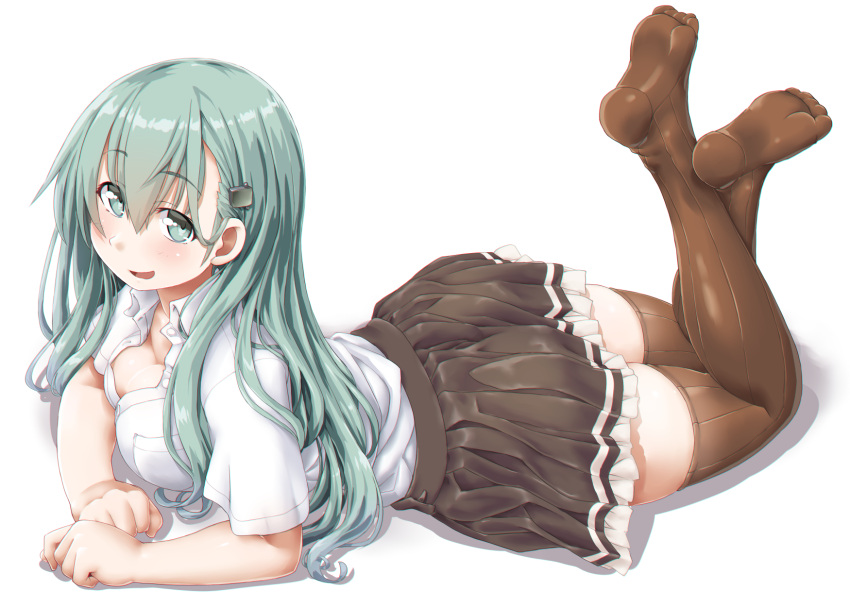 1girl aqua_eyes aqua_hair arm_support ass blush breast_press breasts brown_legwear brown_skirt cleavage dd_(ijigendd) eyebrows_visible_through_hair hair_between_eyes hair_ornament hairclip highres kantai_collection legs_crossed long_hair looking_at_viewer lying medium_breasts on_stomach open_mouth pleated_skirt school_uniform shadow shirt short_sleeves skirt smile solo suzuya_(kantai_collection) thigh-highs white_shirt