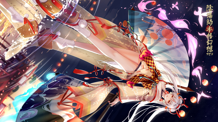 1girl absurdres facial_mark fan folding_fan forehead_mark highres holding holding_fan japanese_clothes kimono lantern long_hair looking_at_viewer night onmyoji red_eyes red_lips reflection ripples see-through shiranui_(onmyoji) short_kimono solo walking white_hair yan_(nicknikg)