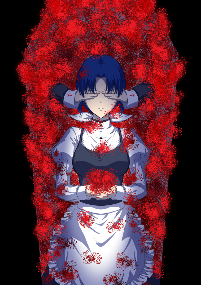 1girl apron axia-chan black_border black_bow blue_hair border bouquet bow breasts ciel covered_eyes covering_another's_eyes elesia flower flower_request hands_clasped highres juliet_sleeves long_sleeves medium_breasts own_hands_together puffy_sleeves rating short_hair solo solo_focus tsukihime