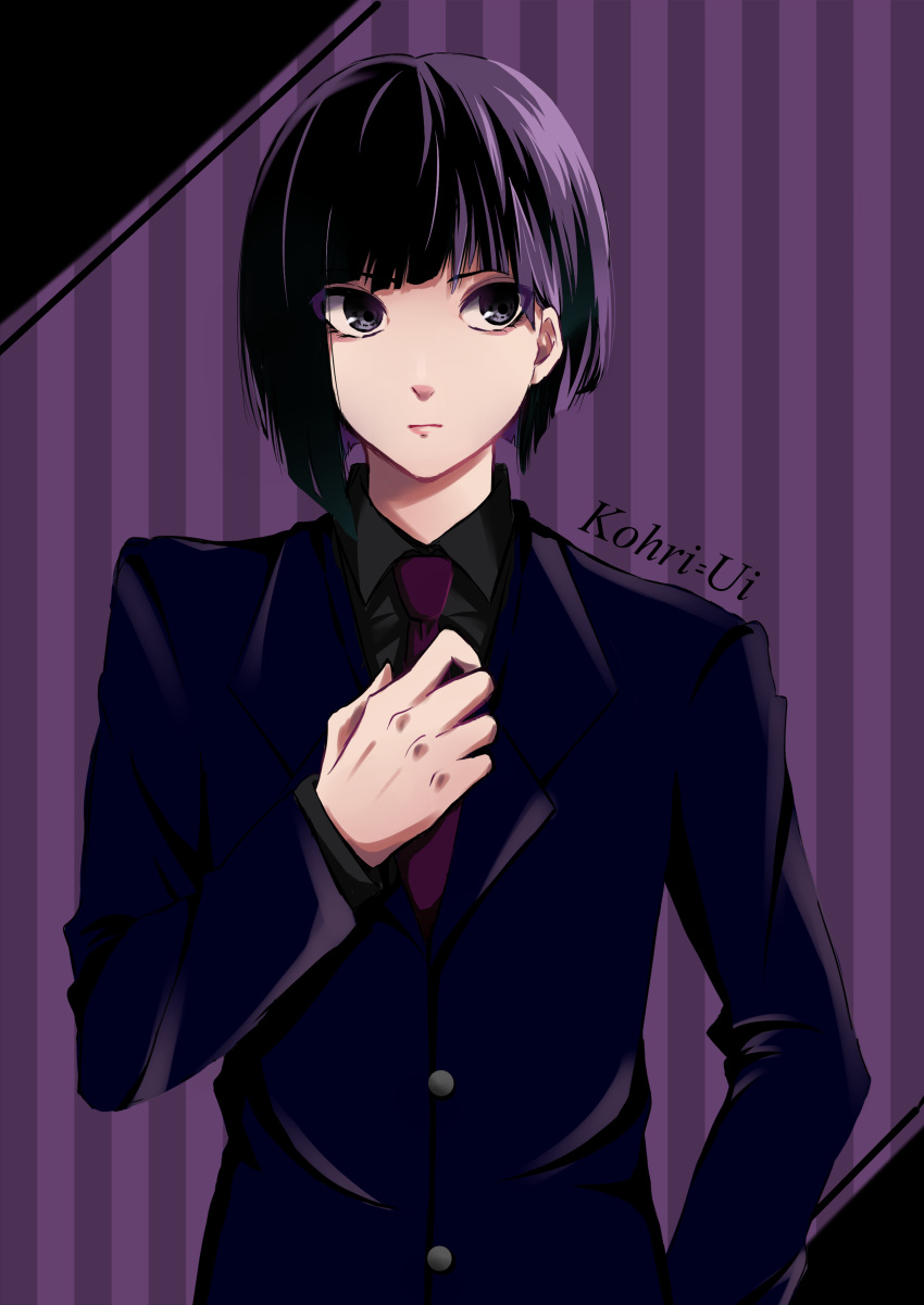 1boy absurdres androgynous black_eyes black_hair black_neckwear black_shirt blue_jacket character_name commentary_request highres imai jacket long_sleeves looking_to_the_side male_focus medium_hair necktie shirt simple_background solo tokyo_ghoul tokyo_ghoul:re ui_koori upper_body