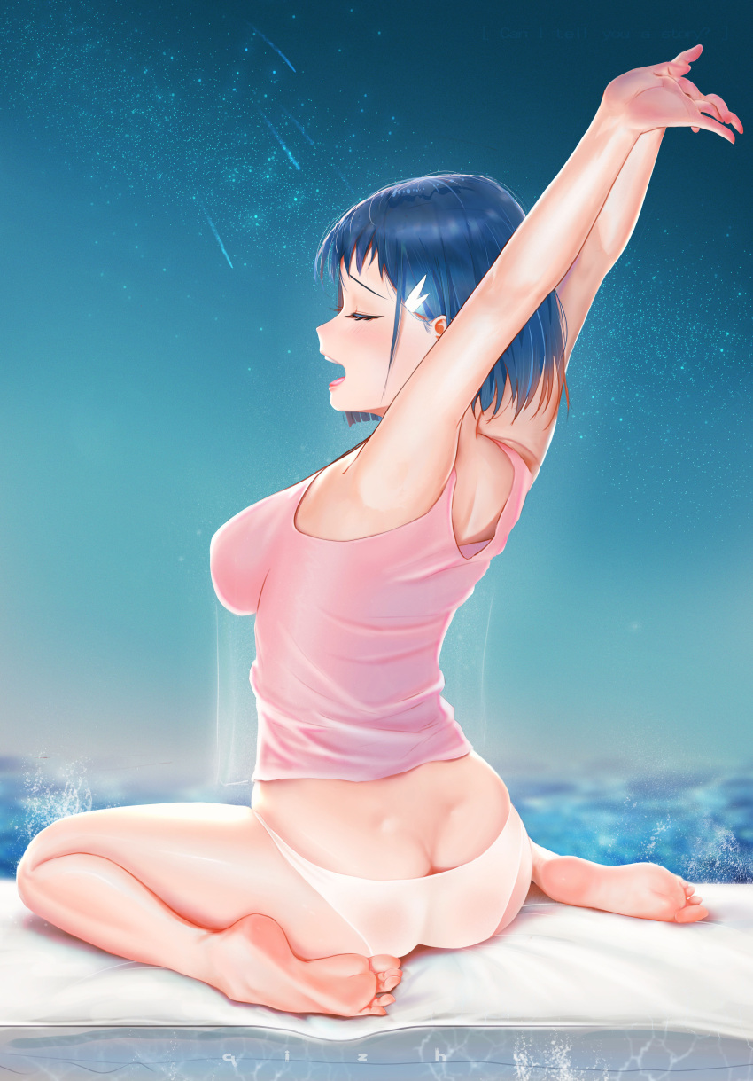1girl absurdres arms_up ass back barefoot blue_hair breasts closed_eyes full_body hair_ornament highres medium_breasts open_mouth original panties qizhu short_hair sitting sky sleeveless solo star_(sky) starry_sky stretched_limb underwear wariza white_panties yawning