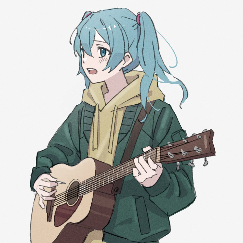 1girl acoustic_guitar bangs blue_hair drawstring green_jacket grey_background guitar hatsune_miku highres holding holding_instrument holding_plectrum hood hood_down hoodie instrument jacket long_hair long_sleeves looking_to_the_side mele_ck music open_mouth playing_instrument plectrum pocket sidelocks simple_background solo twintails upper_body vocaloid yellow_hoodie