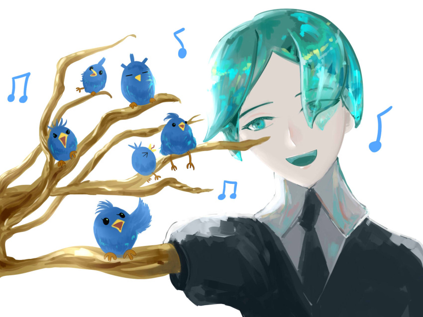 1other androgynous aqua_eyes aqua_hair bird colored_eyelashes crystal_hair eyebrows_visible_through_hair eyes_visible_through_hair gem_uniform_(houseki_no_kuni) golden_arms green_eyes green_hair highres houseki_no_kuni musical_note necktie open_mouth phosphophyllite short_hair smile upper_body white_background