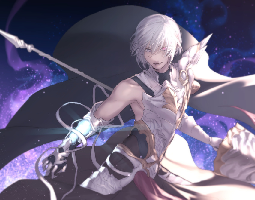 1boy armor bandage bare_shoulders black_cape cape collarbone covered_collarbone gauntlets gloves glowing glowing_eye granblue_fantasy grimnir holding holding_lance holding_weapon lance parted_lips polearm shingeki_no_bahamut smile solo standing tight violet_eyes weapon white_gloves white_hair yuusya27