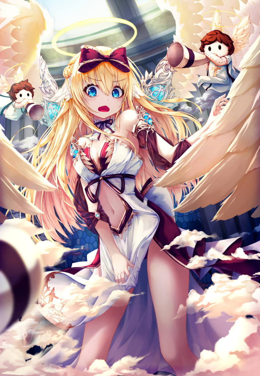 1girl angel angel_wings blonde_hair bow braid breasts cleavage doll feathers h2o_(dfo) hair_bow hair_feathers halo highres jewelry long_hair looking_at_viewer medium_breasts navel open_mouth original red_bow skirt skirt_pull standing very_long_hair white_wings wings