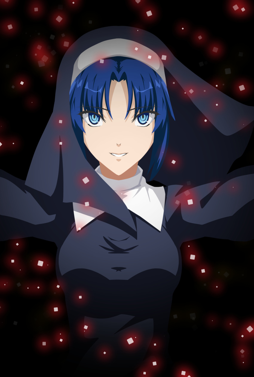 1girl axia-chan black_background blue_eyes blue_hair breasts ciel collar embers habit highres hood medium_breasts nun outstretched_arms short_hair smile solo tsukihime upper_body
