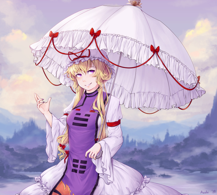 1girl alternate_hairstyle aoshi-shi armband artist_name blonde_hair blush bow breasts clouds cloudy_sky dated dress fingernails flame_print fog forest frilled_umbrella grin hair_between_eyes hair_bow hair_up hand_up hat hat_ribbon head_tilt highres holding holding_umbrella lake long_sleeves looking_at_viewer medium_breasts mob_cap mountainous_horizon nail_polish nature puffy_long_sleeves puffy_sleeves purple_nails purple_sky reflective_eyes ribbon ribbon_trim shiny shiny_hair short_hair short_hair_with_long_locks sidelocks sky smile solo standing tabard touhou twilight umbrella violet_eyes white_dress white_headwear white_umbrella wide_sleeves yakumo_yukari