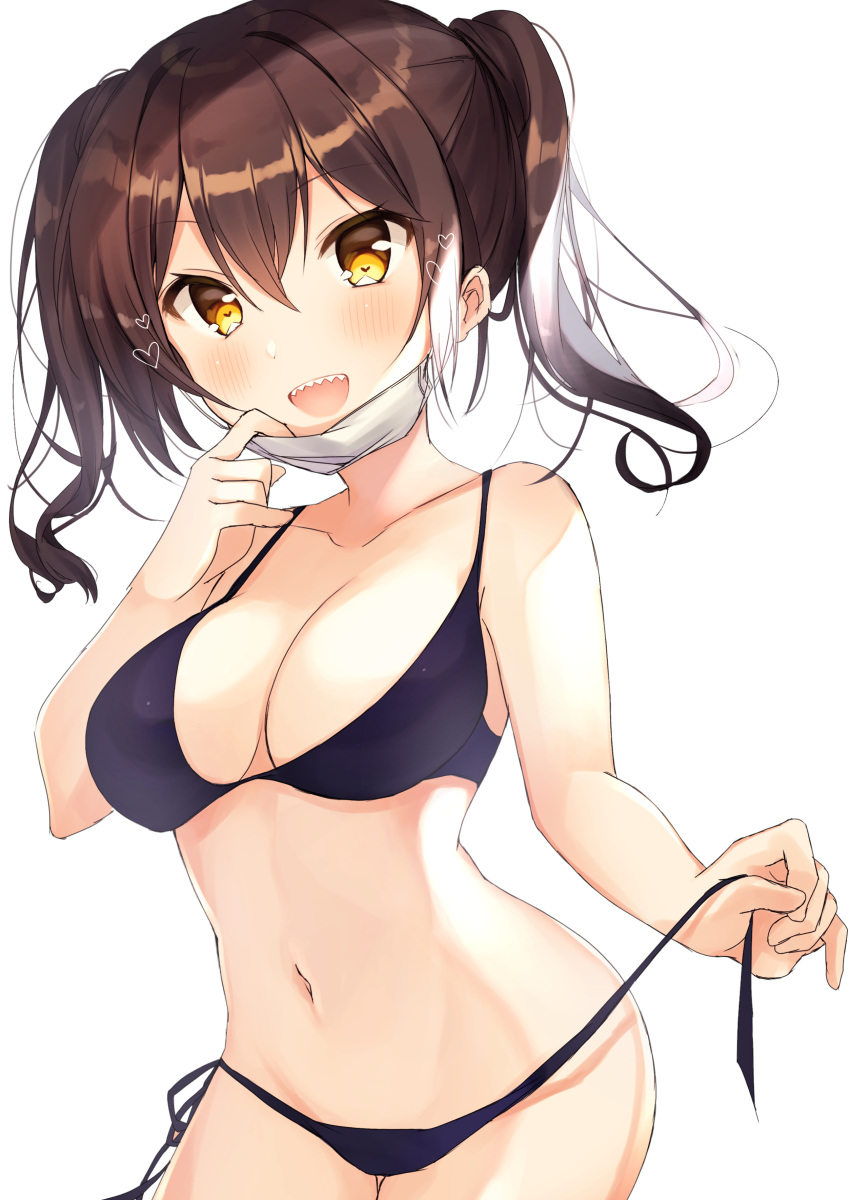 1girl :d absurdres bangs bare_arms bare_shoulders bikini black_bikini blush breasts brown_eyes brown_hair cleavage collarbone commentary_request cowboy_shot hair_between_eyes hand_up heart highres idolmaster idolmaster_cinderella_girls long_hair looking_at_viewer mask_pull medium_breasts navel nenobi_(nenorium) open_mouth sharp_teeth side-tie_bikini simple_background smile solo standing stomach sunazuka_akira surgical_mask swimsuit teeth twintails untied untied_bikini white_background