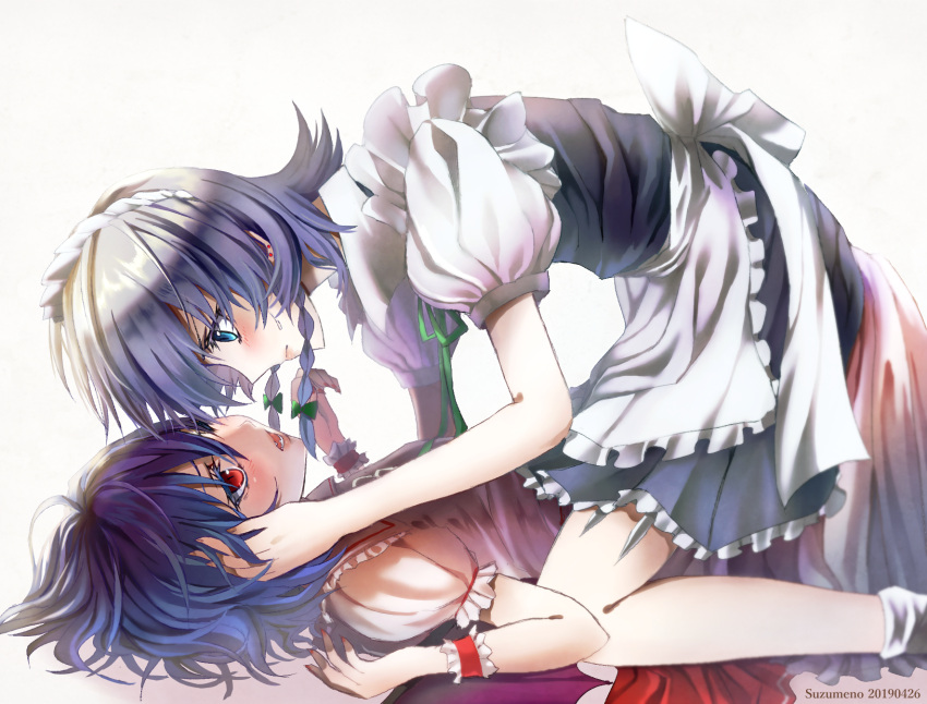 2girls apron bangs bat_wings blue_dress blue_eyes blue_hair blush bow braid colored_eyelashes commentary_request dress ear_piercing eye_contact fangs feet_out_of_frame frilled_apron frilled_shirt_collar frills from_side green_bow green_neckwear green_ribbon grey_background hair_bow highres izayoi_sakuya kneeling knife looking_at_another lying maid maid_apron maid_headdress multiple_girls nail_polish neck_ribbon no_hat no_headwear on_back open_mouth petticoat piercing pink_dress profile puffy_short_sleeves puffy_sleeves red_eyes red_nails remilia_scarlet ribbon shirt short_hair short_sleeves silver_hair simple_background socks touhou tsukasa_(sntoriink) twin_braids waist_apron white_apron white_legwear white_shirt wings wrist_cuffs yuri