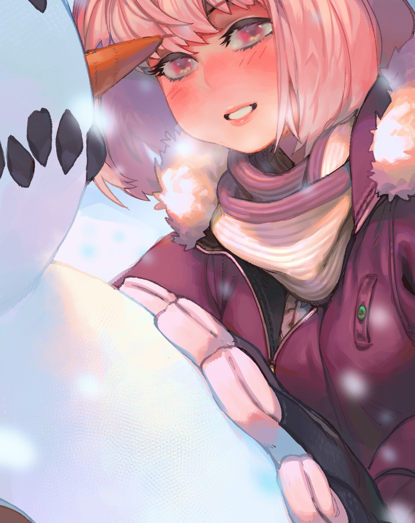 1girl blush breath character_request close-up commentary copyright_request glo-s-s gloves grin highres lips pink_hair scarf short_hair smile snowman solo violet_eyes winter winter_clothes