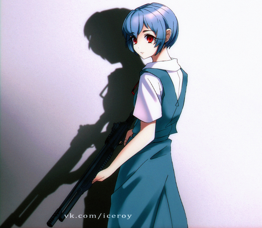 ayanami_rei back_turned blue_hair closed_mouth eyebrows_visible_through_hair gun highres holding holding_weapon iceroy looking_at_viewer neon_genesis_evangelion red_eyes school_uniform shadow short_hair shotgun simple_background skirt standing weapon white_skin