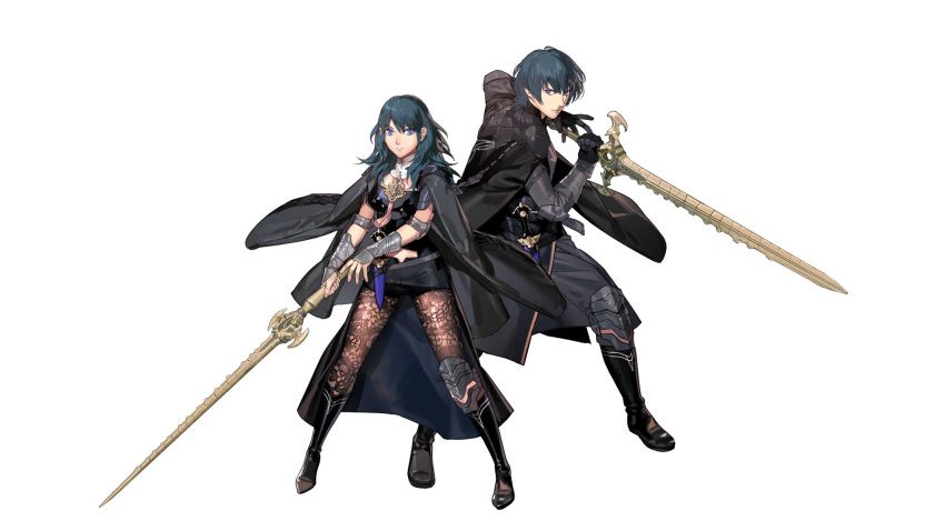 1boy 1girl arm_guards bangs black_footwear black_pants blue_eyes blue_hair boots byleth coat dagger elbow_pads eyebrows_visible_through_hair fire_emblem fire_emblem:_three_houses full_body gloves highres holding holding_sword holding_weapon jacket_on_shoulders knee_boots knee_pads kurahana_chinatsu long_hair long_sleeves looking_at_viewer nintendo official_art pants pantyhose serious short_hair short_shorts shorts simple_background sword weapon white_background