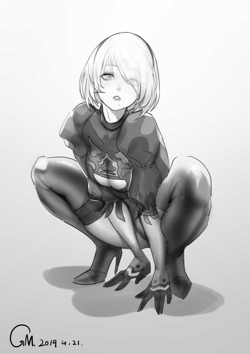 1girl 2019 absurdres all_fours artist_name blush boots breasts cleavage cleavage_cutout dated eyebrows_visible_through_hair eyes_visible_through_hair feather_trim gorgeous_mushroom greyscale hair_over_one_eye high_heel_boots high_heels highres looking_at_viewer looking_up medium_hair monochrome nier_(series) nier_automata panties pantyshot parted_lips puffy_sleeves revision shadow skindentation solo spread_legs squatting thigh-highs thigh_boots underwear yorha_no._2_type_b