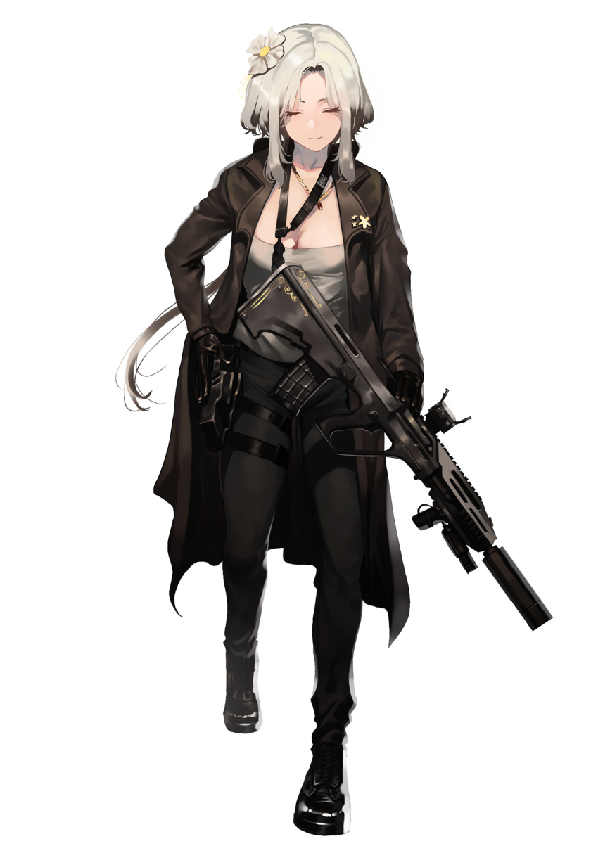 1girl assault_rifle aug_(girls_frontline) bangs black_coat black_footwear black_gloves black_pants boots breasts bullpup cleavage closed_mouth coat collarbone commentary facing_viewer flower foregrip full_body girls_frontline gloves grey_hair grey_tubetop gun hair_flower hair_ornament hair_ribbon highres holding holding_gun holding_weapon holster ihobus jewelry long_hair low_ponytail magazine_(weapon) necklace open_clothes open_coat pants parted_bangs ribbon rifle scope sidelocks simple_background smile solo steyr_aug strapless suppressor thigh_strap tubetop weapon white_background
