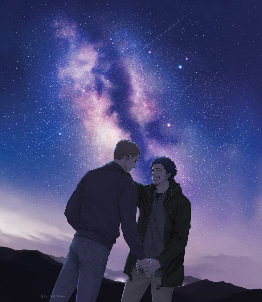 2boys black_hair brothers brown_hair closed_eyes facial_hair facing_another green_jacket grey_jacket grey_shirt hand_holding hand_on_another's_head highres jacket kb_illustration long_sleeves male_focus mountainous_horizon multiple_boys nanba_hibito nanba_mutta night night_sky outdoors pants shirt siblings sky standing star_(sky) starry_sky stubble twitter_username uchuu_kyoudai