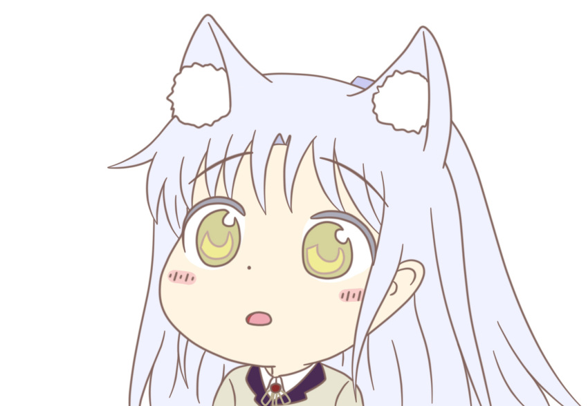 1girl angel_beats! animal_ears bangs blush cat_ears commentary commentary_request cowlick ears eyebrows_visible_through_hair from_side gyate_gyate hair_ornament hairclip jacket key_(company) long_hair looking_to_the_side neck_ribbon open_eyes open_mouth ribbon school_uniform shirt silver_hair simple_background solo taeminhyeon tachibana_kanade upper_body white_background white_shirt yellow_eyes