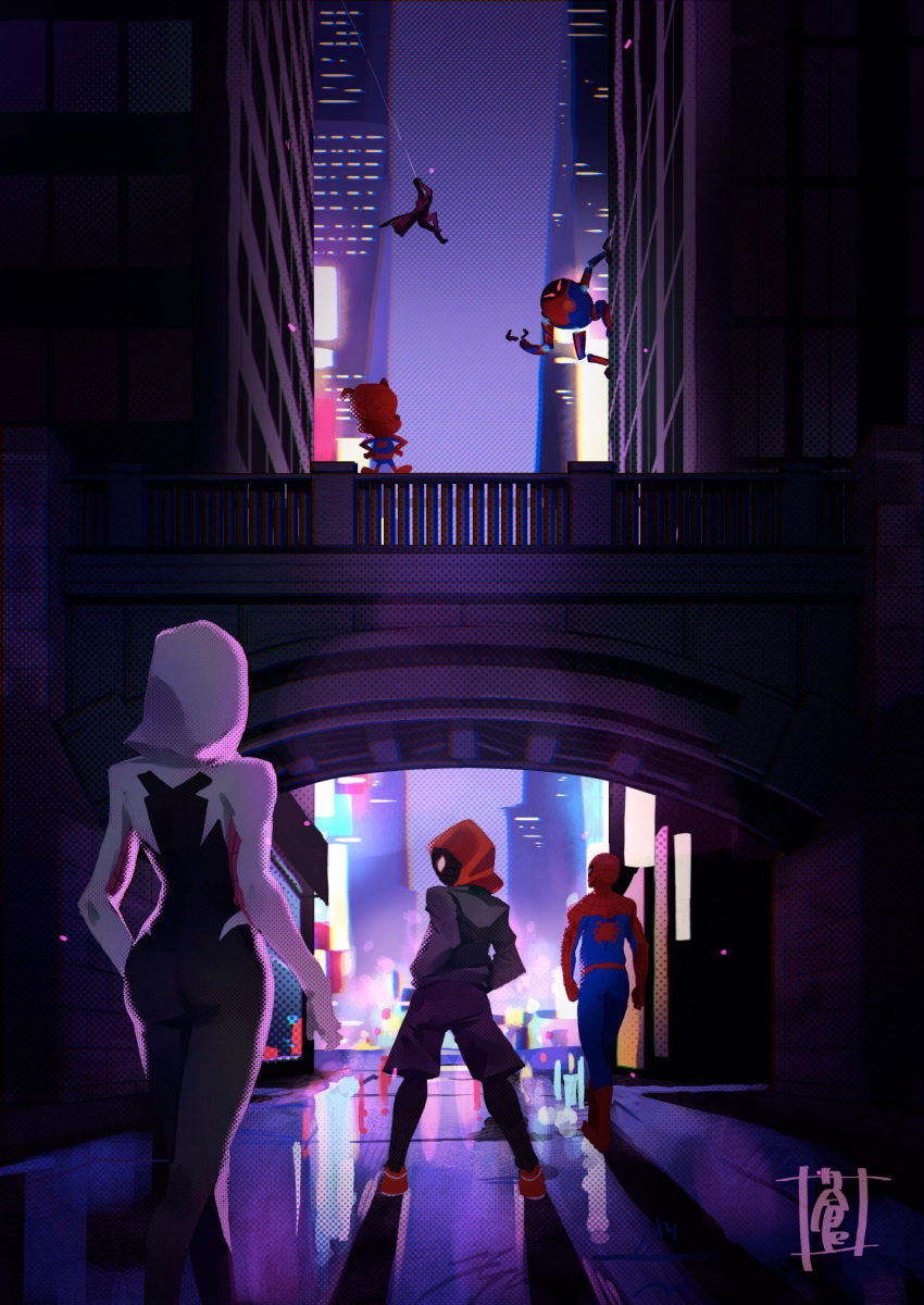 backpack bag bodysuit breasts city gwen_stacy highres hood hoodie looking_at_viewer marvel mask miles_morales peni_parker shoes short_hair silk sneakers sou_(pale_1080) sp//dr spider-gwen spider-man:_into_the_spider-verse spider-man_(miles_morales) spider-man_(series) spider_web spider_web_print superhero