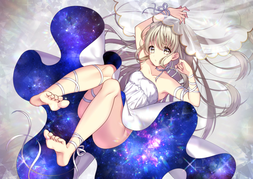 1girl absurdres arm_ribbon bad_feet bangs bare_shoulders barefoot breasts brown_eyes brown_hair collarbone commentary_request dress eyebrows_behind_hair feet fingernails hair_between_eyes highres huge_filesize ichiren_namiro leg_ribbon legs legs_up long_hair looking_at_viewer lying on_back original ribbon see-through small_breasts soles solo strapless strapless_dress toenails veil very_long_hair white_dress white_ribbon