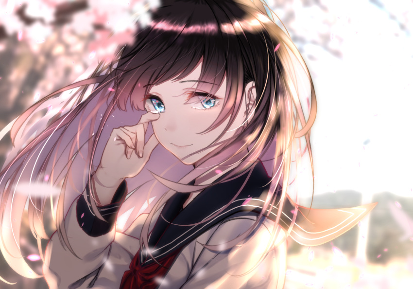 1girl black_hair blue_eyes blurry blurry_background brown_hair crying crying_with_eyes_open hand_up highres long_hair looking_at_viewer original outdoors saitou_(lynx-shrike) school_uniform serafuku solo tears uniform upper_body white_sky wiping_tears