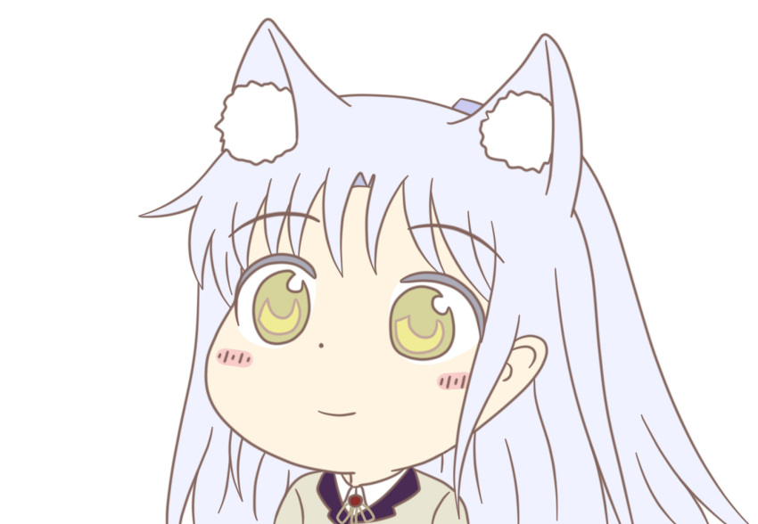 1girl angel_beats! animal_ears bangs blush cat_ears closed_mouth commentary commentary_request cowlick ears eyebrows_visible_through_hair from_side gyate_gyate hair_ornament hairclip jacket key_(company) long_hair looking_to_the_side neck_ribbon open_eyes ribbon school_uniform shirt silver_hair simple_background smile solo taeminhyeon tachibana_kanade upper_body white_background white_shirt yellow_eyes
