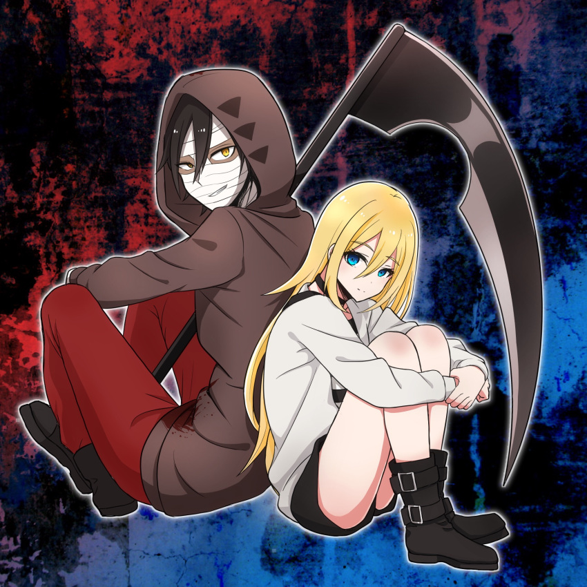 1boy 1girl back-to-back black_footwear black_hair black_shorts blonde_hair blood bloody_clothes blue_eyes boots brown_sweater dark_skin eyebrows_visible_through_hair grin hair_between_eyes highres holding holding_scythe hood hood_up hooded_sweater isaac_foster jacket leg_hug long_hair long_sleeves looking_at_viewer open_clothes open_jacket pants piatin rachel_gardner red_pants satsuriku_no_tenshi scythe short_hair short_shorts shorts smile sweater white_jacket yellow_eyes