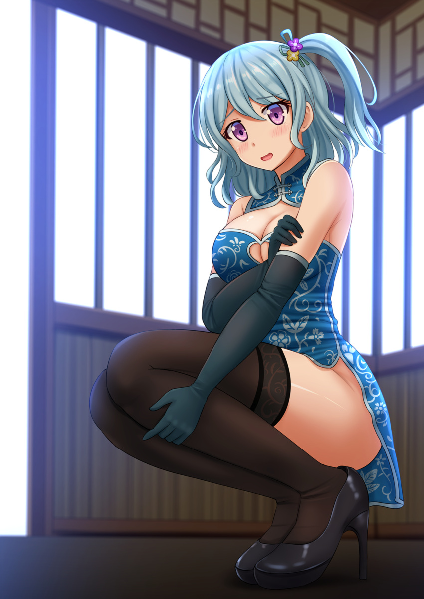 1girl :d aqua_hair bang_dream! bare_shoulders black_footwear black_gloves black_legwear blue_dress blurry blush breasts china_dress chinese_clothes cleavage cleavage_cutout commentary day depth_of_field dress elbow_gloves full_body gloves hair_ornament high_heels highres indoors kazenokaze large_breasts long_hair looking_at_viewer matsubara_kanon one_side_up open_mouth pelvic_curtain sidelocks sleeveless sleeveless_dress smile solo squatting sunlight thigh-highs thighs violet_eyes
