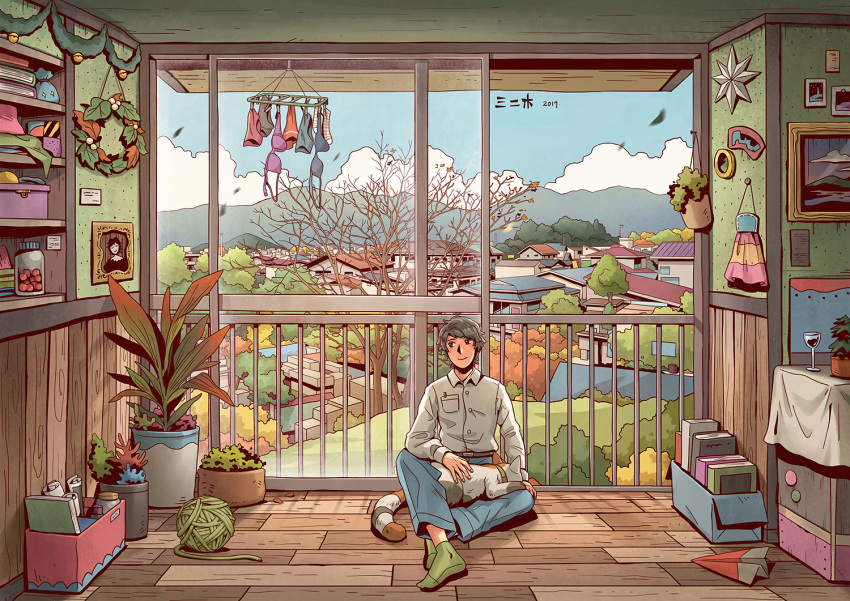 1boy 2019 artist_name barefoot black_hair blue_sky cat closed_mouth clouds day denim green_footwear indoors jeans kitsu+3 looking_away mountain original pants paper_airplane plant potted_plant railing scenery short_hair sitting sky smile socks solo yarn yarn_ball