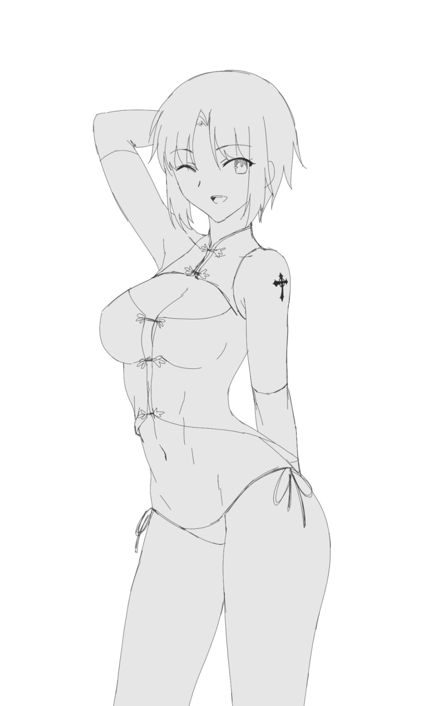 1girl arm_at_side arm_up axia-chan bikini breasts ciel cleavage crossed_arms elbow_gloves gloves greyscale hand_in_hair highres looking_at_viewer medium_breasts monochrome navel one_eye_closed open_mouth short_hair side-tie_bikini sketch smile solo standing swimsuit tattoo tsukihime white_background