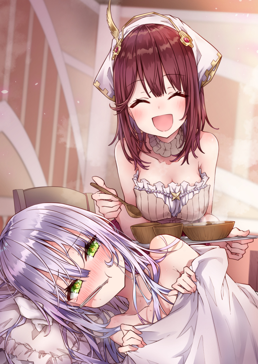 +_+ 2girls alt atelier_(series) atelier_lydie_&amp;_suelle atelier_sophie bare_shoulders bed blanket blush book bowl breasts brown_hair chair closed_eyes closed_mouth collarbone detached_collar eyebrows_visible_through_hair frills green_eyes hair_between_eyes hairband head_scarf highres holding holding_spoon holding_tray indoors lavender_hair long_hair medium_breasts mouth_hold multiple_girls on_bed on_pillow plachta red_skirt sick skirt smile sophie_neuenmuller spoon standing steam tearing_up thermometer towel tray very_long_hair