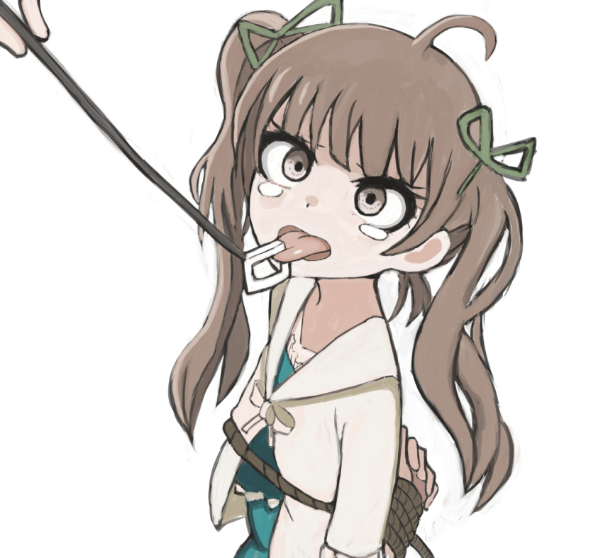 bound brown_eyes brown_hair green_ribbon green_shirt hair_ornament hair_ribbon hakozaki_serika idolmaster idolmaster_million_live! idolmaster_million_live!_theater_days long_hair open_mouth piercing ribbon shirt tearing_up tears tied_up tongue tongue_out tongue_piercing twintails upper_body white_cardigan