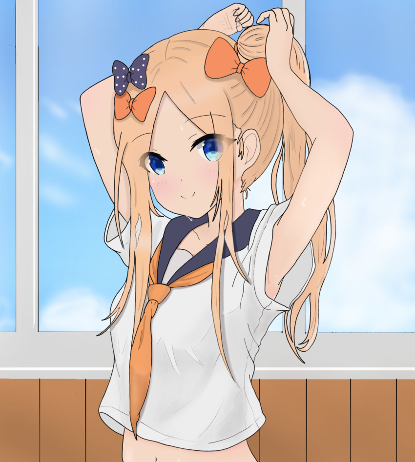 1girl abigail_williams_(fate/grand_order) armpits arms_up atsumisu belly_button black_bow black_sailor_collar blue_eyes blue_sky blush bow closed_mouth clouds collarbone commentary_request day eyebrows_visible_through_hair fate/grand_order fate_(series) fingernails forehead hair_bow head_tilt highres indoors navel neckerchief orange_bow orange_neckwear polka_dot polka_dot_bow sailor_collar shirt short_sleeves sidelocks sky smile solo sweat tying_hair wet white_shirt wide_sleeves window wooden_wall