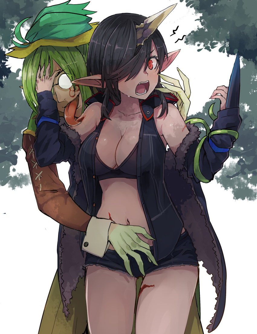 1boy 1girl absurdres black_coat black_hair black_shorts blood breasts cleavage dark_skin facial_tattoo furud glasses green_hair green_headwear green_skin hair_over_one_eye hand_up hat highres horn knife kusanagi_kaoru large_breasts licking long_sleeves looking_at_viewer midriff navel outdoors pixiv_fantasia pixiv_fantasia_last_saga pointy_ears red_eyes screaming short_hair short_shorts shorts solo tattoo tongue tongue_out tree white_sky